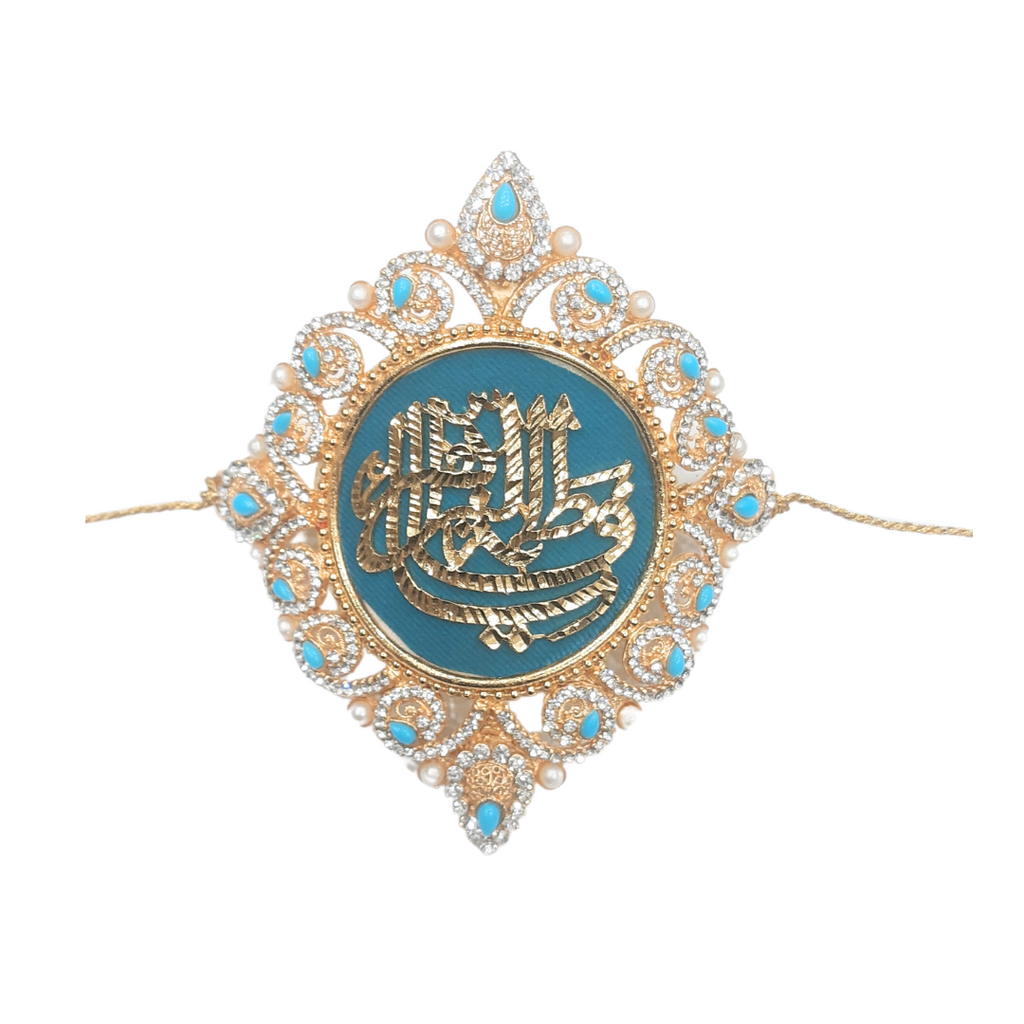 Light Blue Imam Zamin in Metal For Bride With Blue Stones & Zircons Work