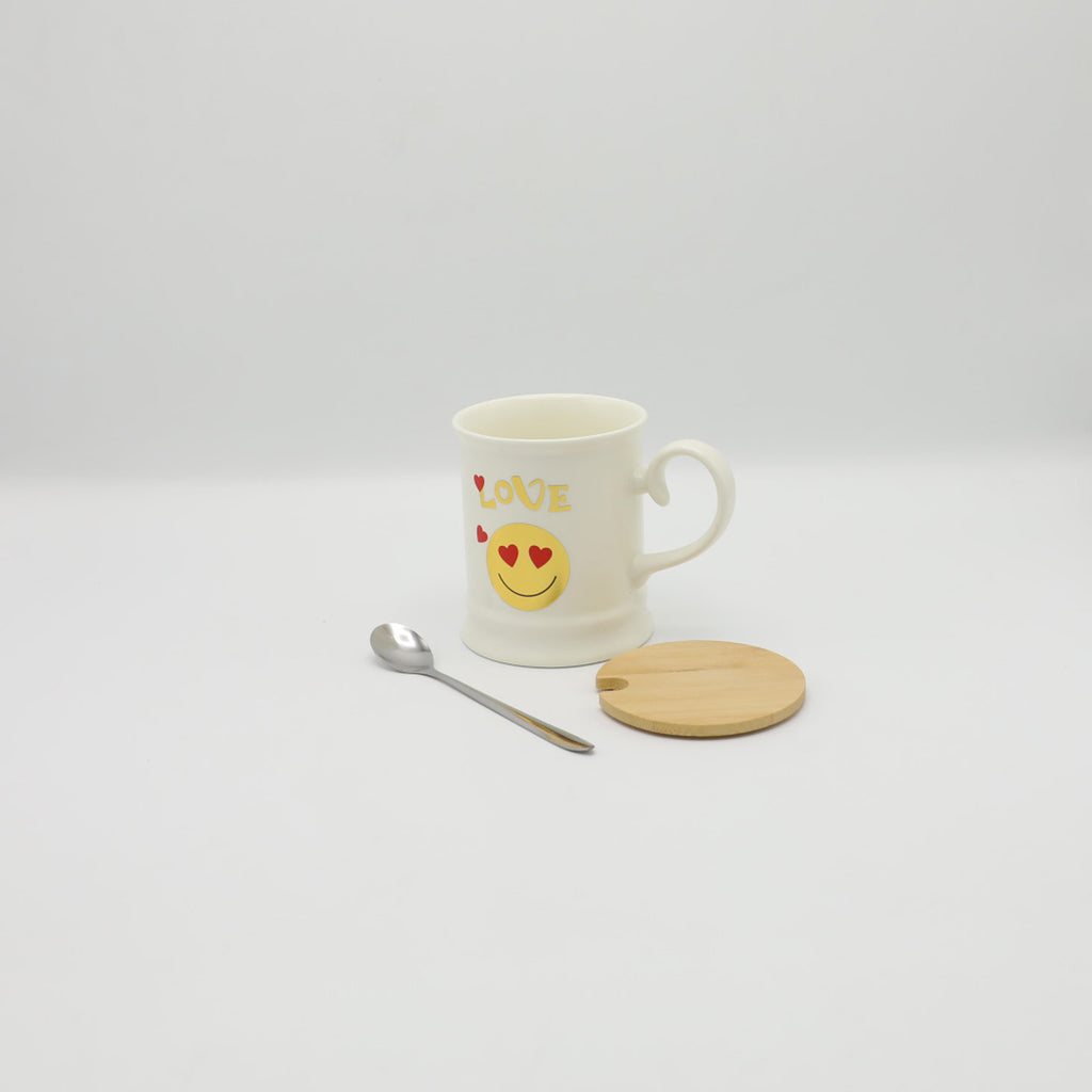 Joyful Brew: Ceramic Mug in White with Wood Cover & Spoon