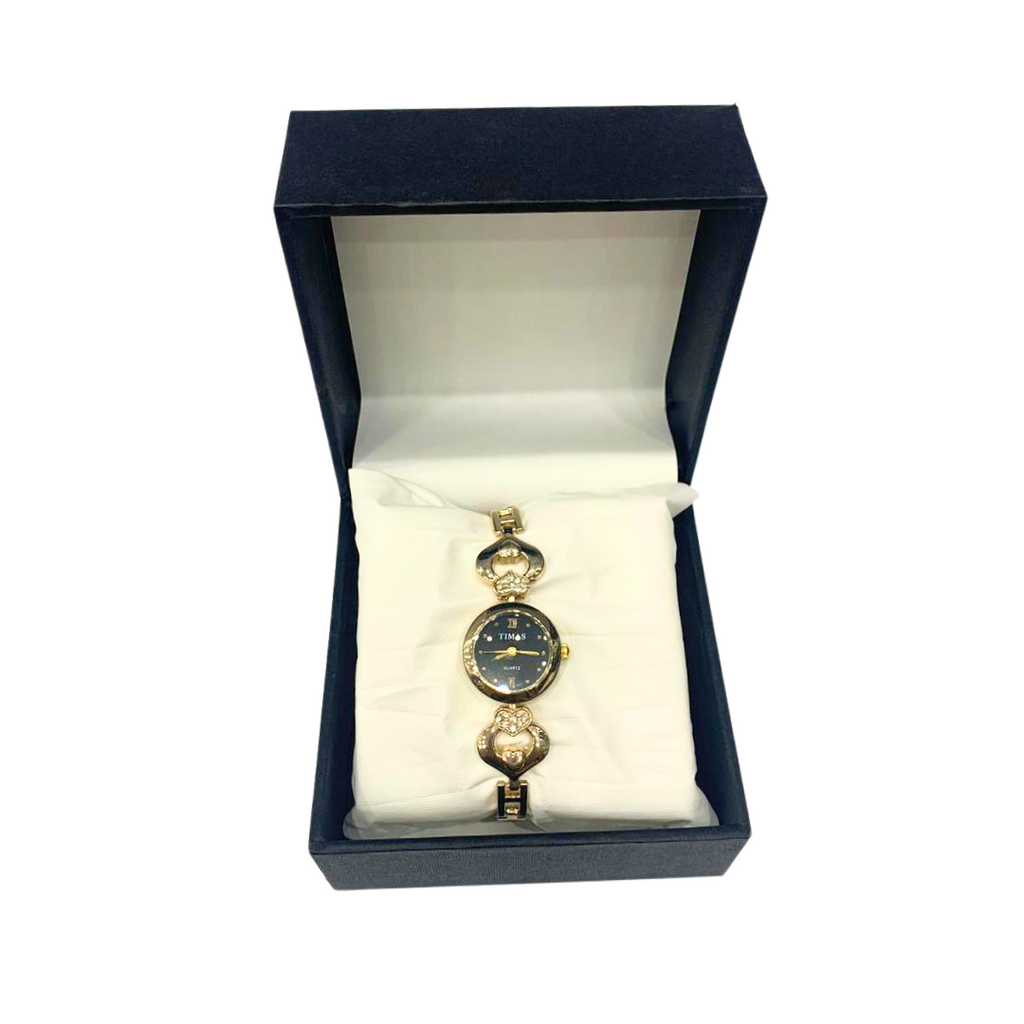 Golden Ladies Wrist Watch Witch Black Dial & Stone work