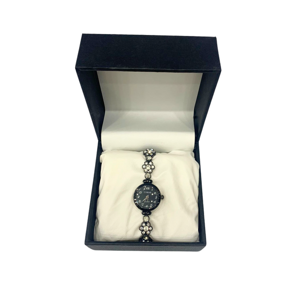 Floral Wrist Watch Ladies Black Dial With Stone Work