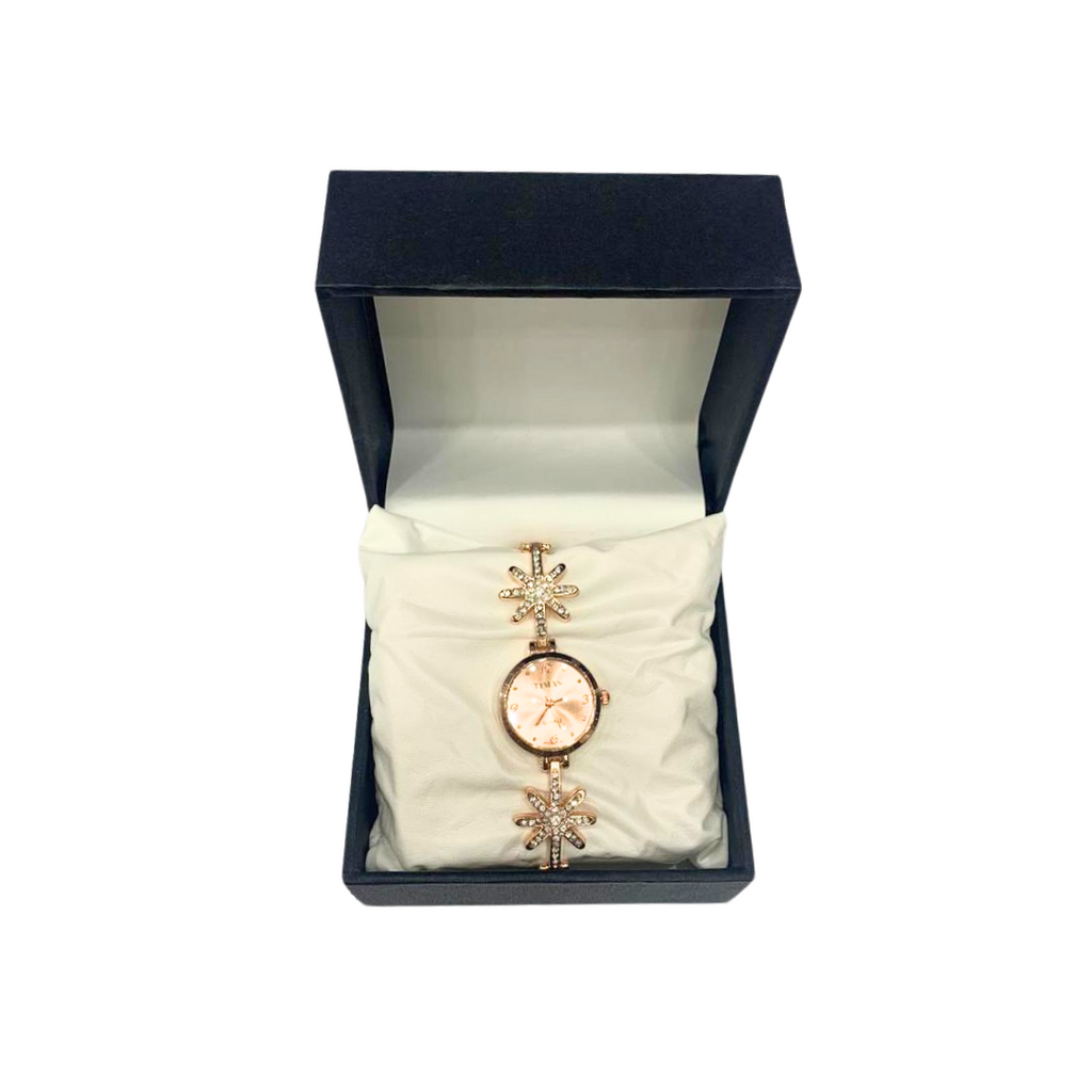 Ladies Wrist Watch in Floral Golden Band With Peach Dial