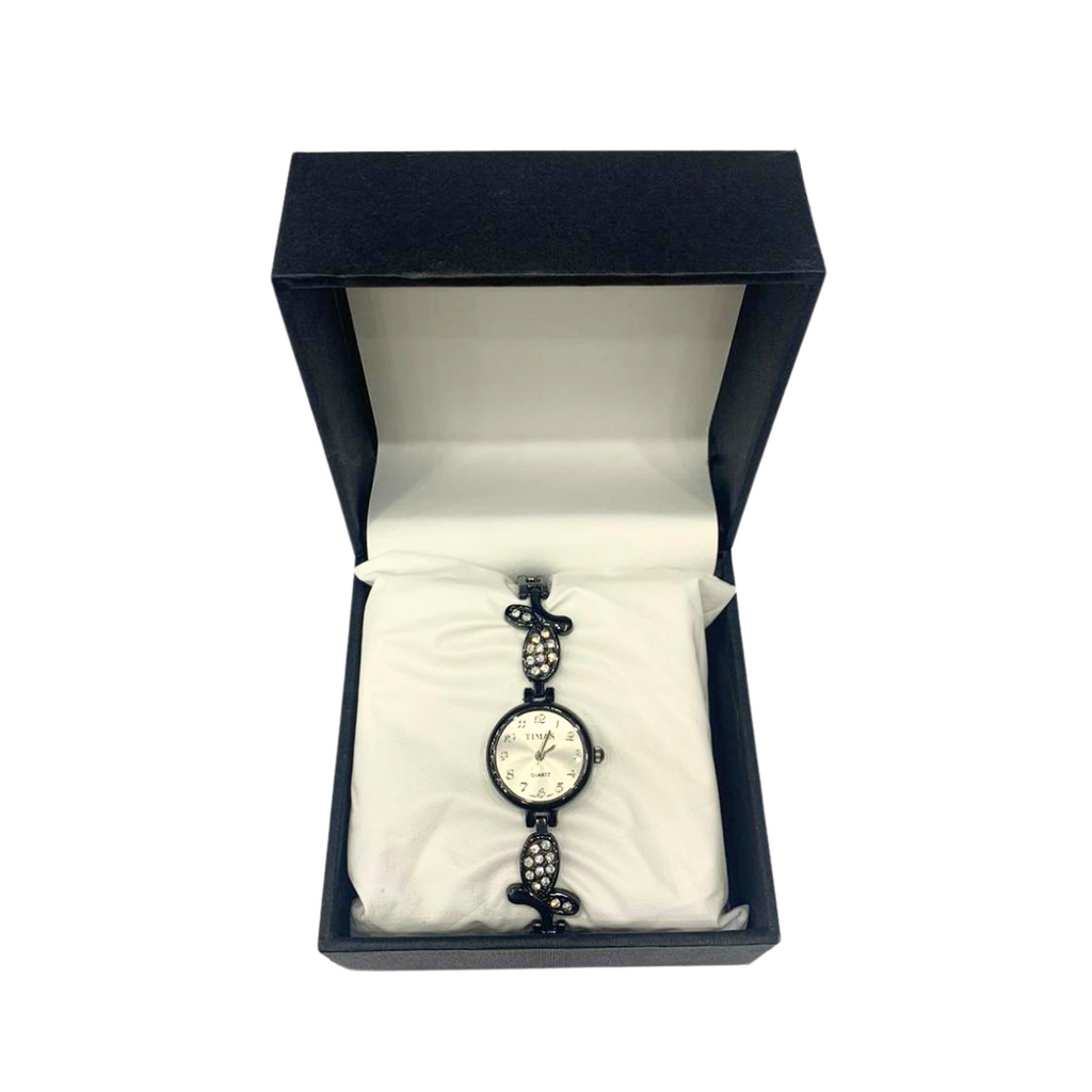 Ladies Wrist Watch in Black Floral Band & Sliver Dial