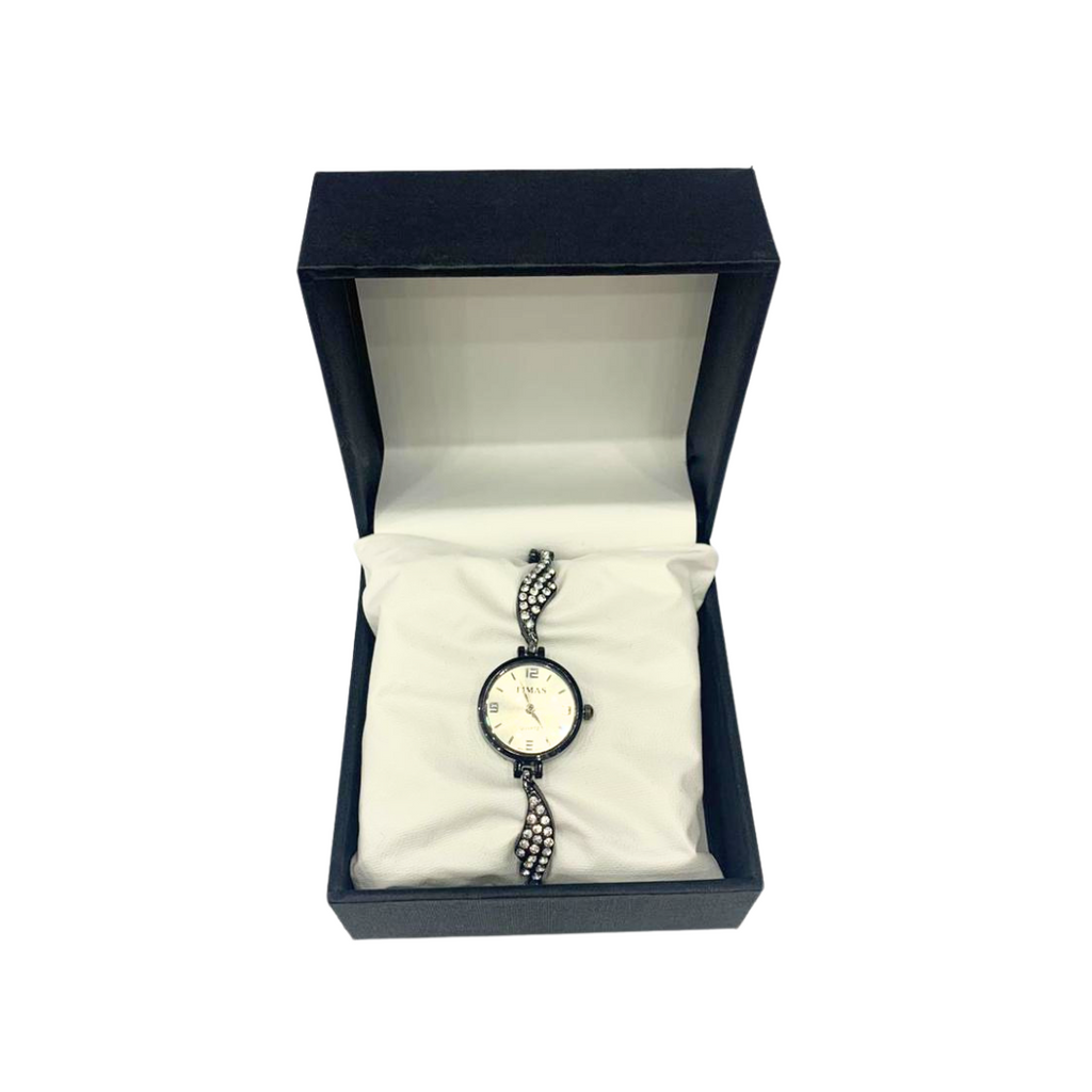 Ladies Wrist Watch Black Band Decorated with Sliver Dial