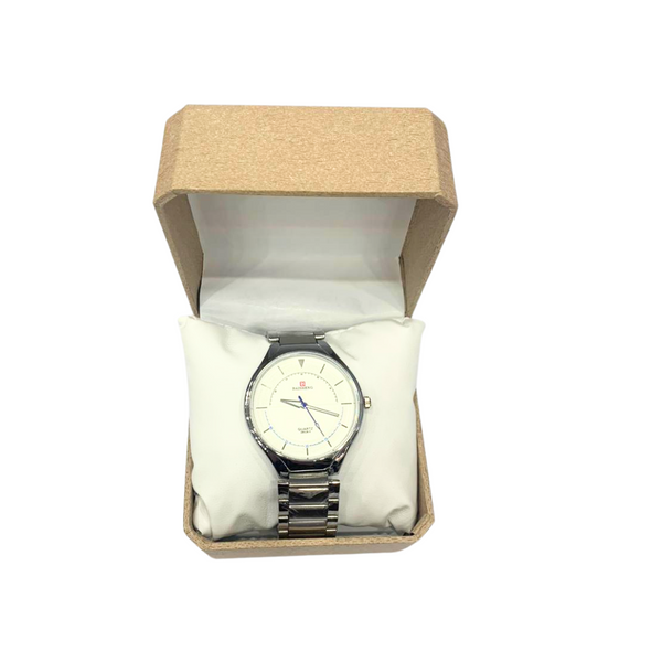 Sliver Stainless steel Wrist Watch For Men White Dial & Blue Needles