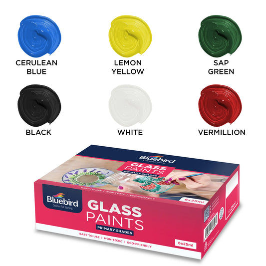 Glass Paints 25 ml | Set of 6 Primary Colors | Bluebird