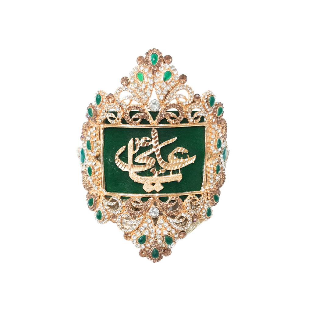 Green Metal Gold Imam Zamin for Groom with Zircons & Emerald Work