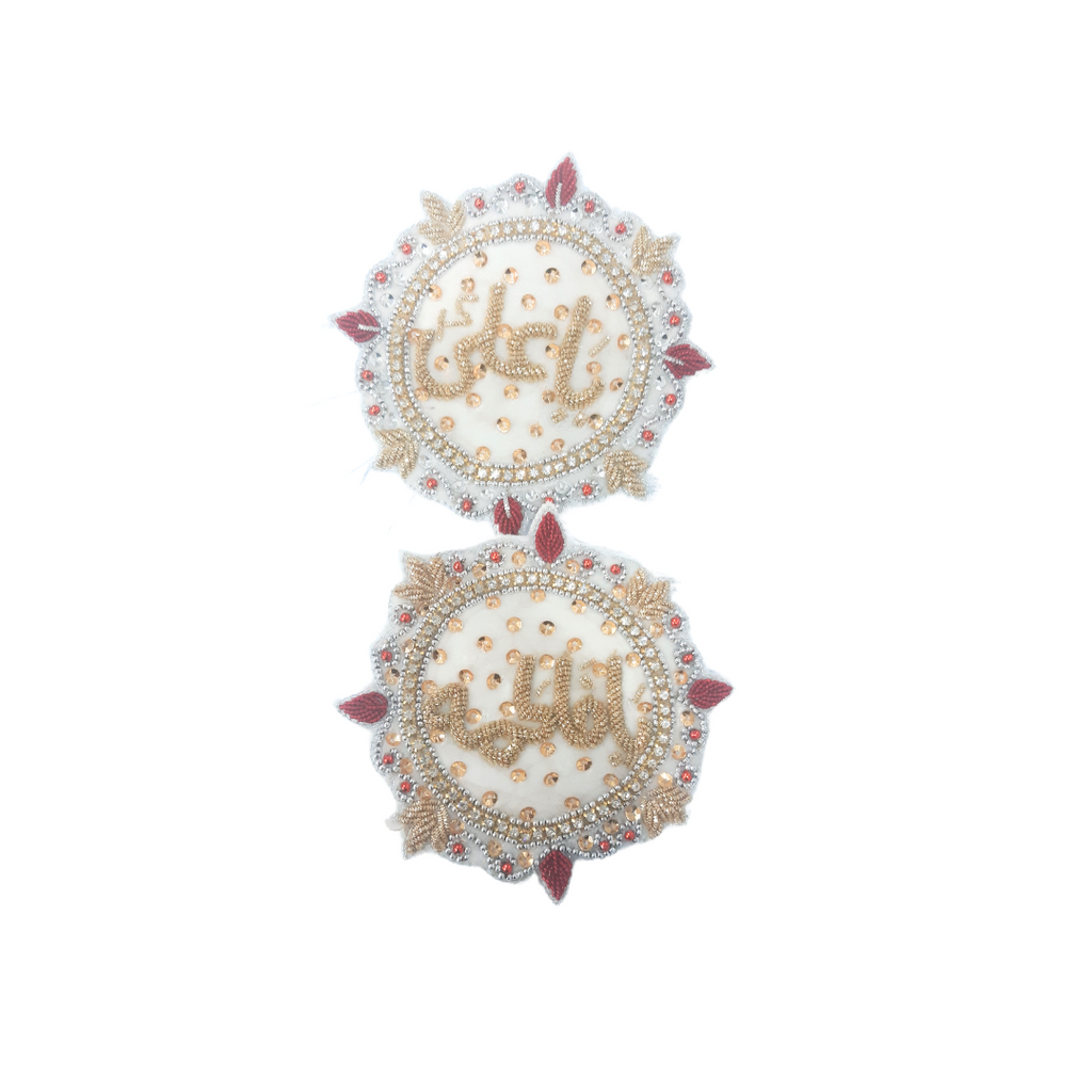White Imam Zamin Pair In Velvet For Wedding Couples With Golden boutique style Embroidery & Red Stone work