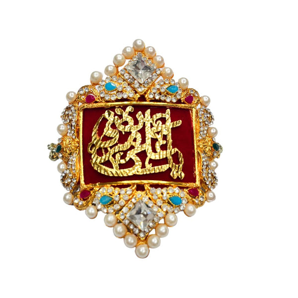 Red & Gold Imam Zamin in Metal Gold for Groom with Pearls & Stone Work