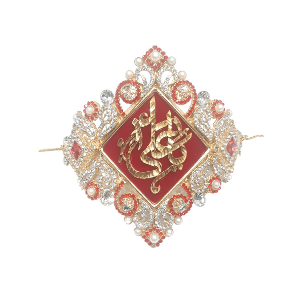 Red Imam Zamin in Metal Gold for Groom with Zircons & Red Stones With Pearls