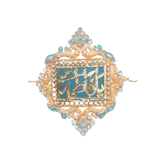 Sky Blue Imam Zamin in Metal Gold for Groom with Zircons & Stones Work