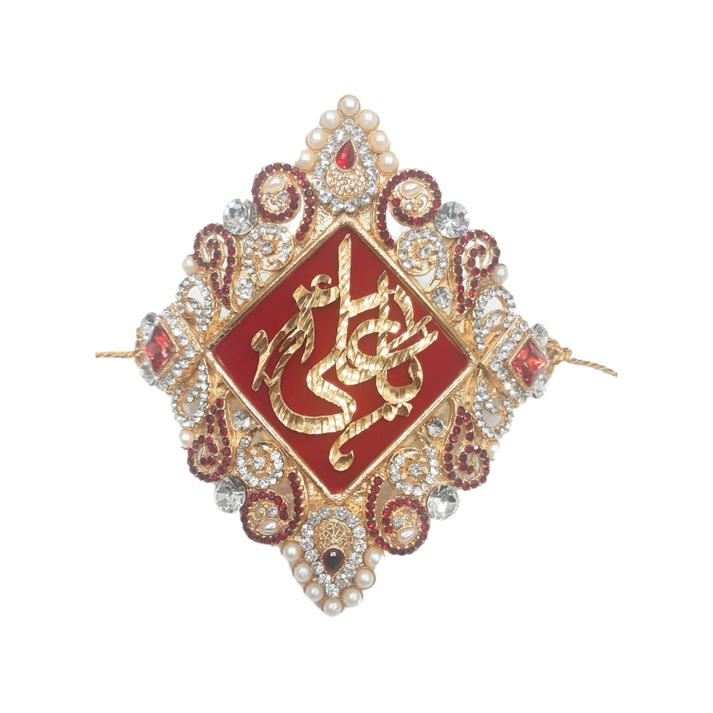Red Imam Zamin in Metal For Groom with Red & white Zircon with Red stones & Pearls
