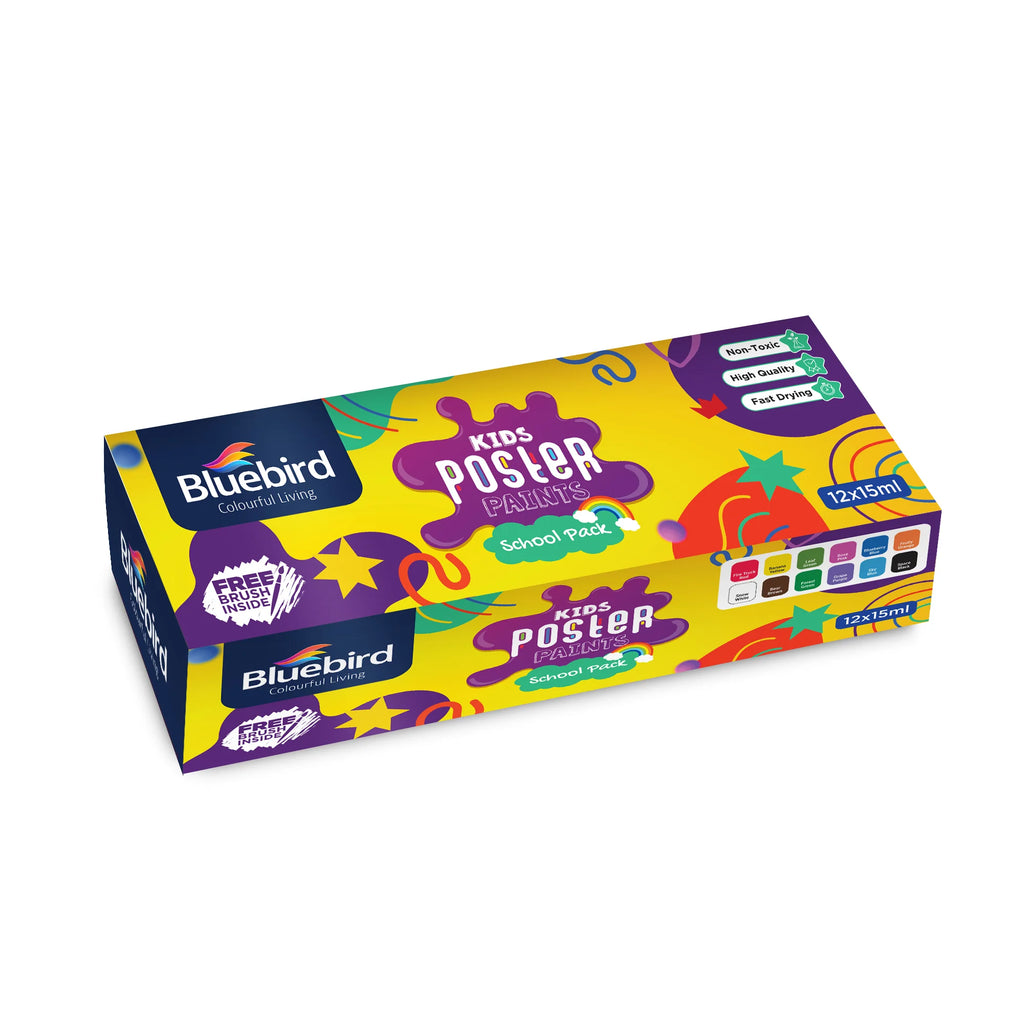 Kids Poster Paints School Pack | 15 ml Mini Pack | Set of 12 | Bluebird