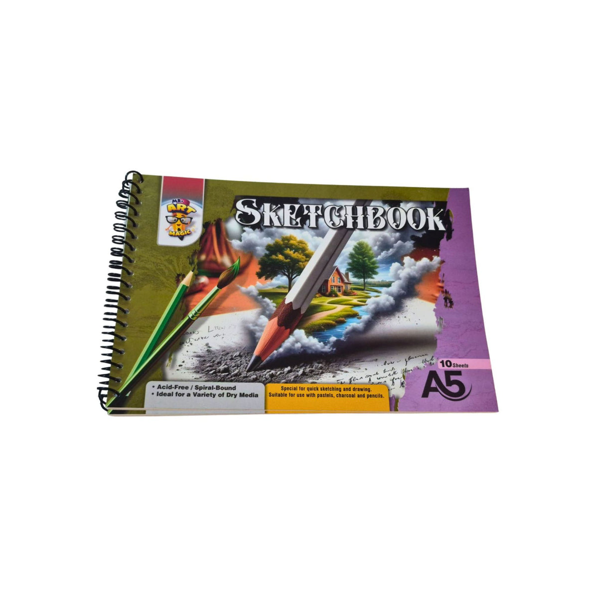 A spiral-bound sketchbook with a colorful cover illustration showing pencils and a landscape scene. The cover includes the word 'SKETCHBOOK' and an 'A5' size label, photographed on a plain white background.