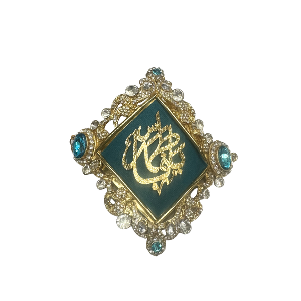 Green Metal Gold Imam Zamin for Bride with Blue & White Stone Work