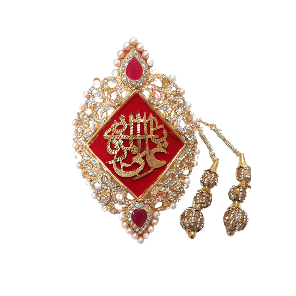 Red Imam Zamin in Metal Gold for Groom with Zircons & Red Stones With Pearls