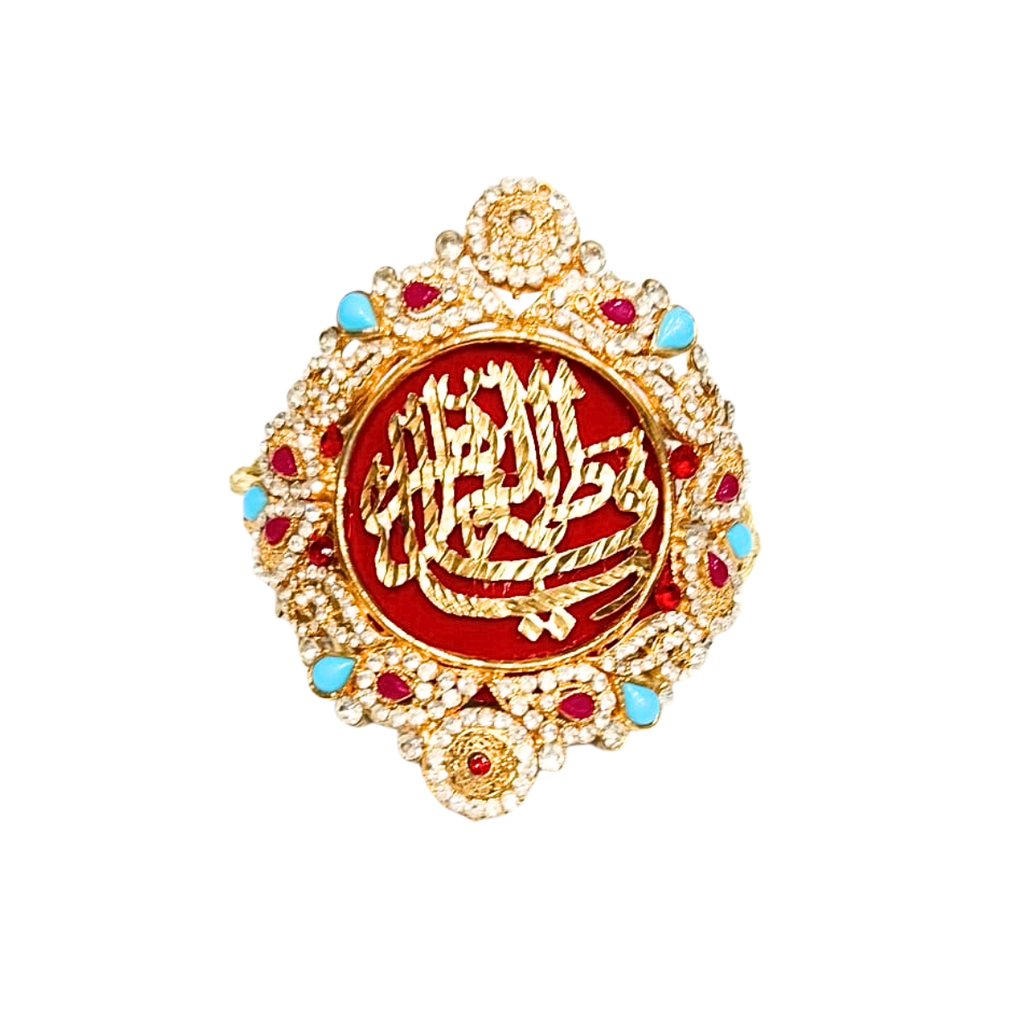Red Imam Zamin in Gold Metal for Bride with Zircons & Stone Work