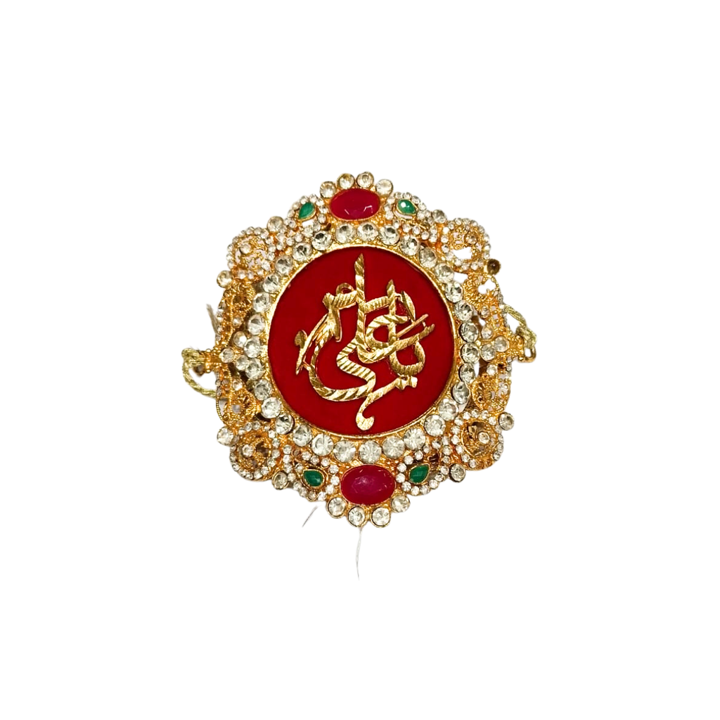 Red Color Imam Zamin in Golden Metal for Groom with Pearls & Stone Work