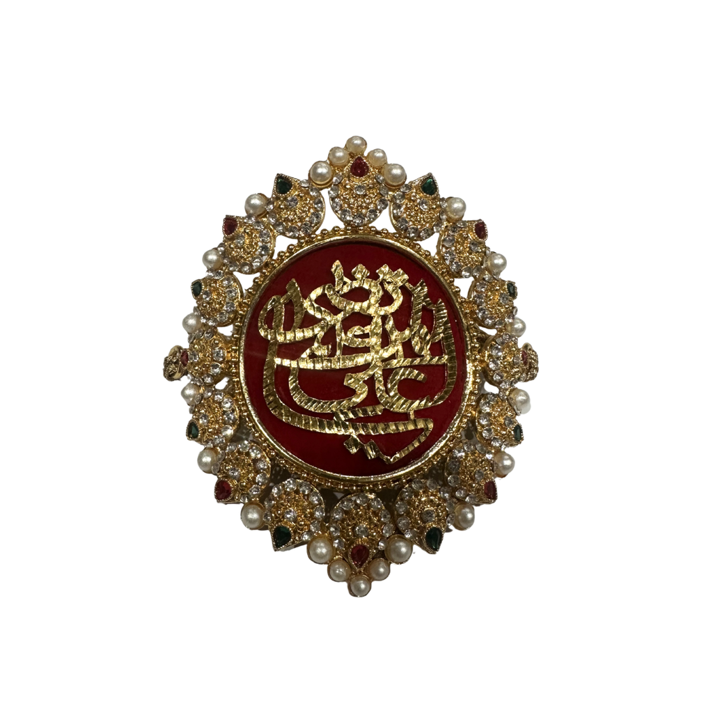 Red Imam Zamin in Metal For Groom with Green Pearls & white Zircon work