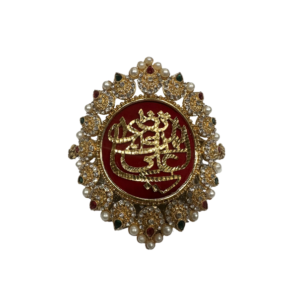 Red Imam Zamin in Metal For Groom with Green Pearls & white Zircon work
