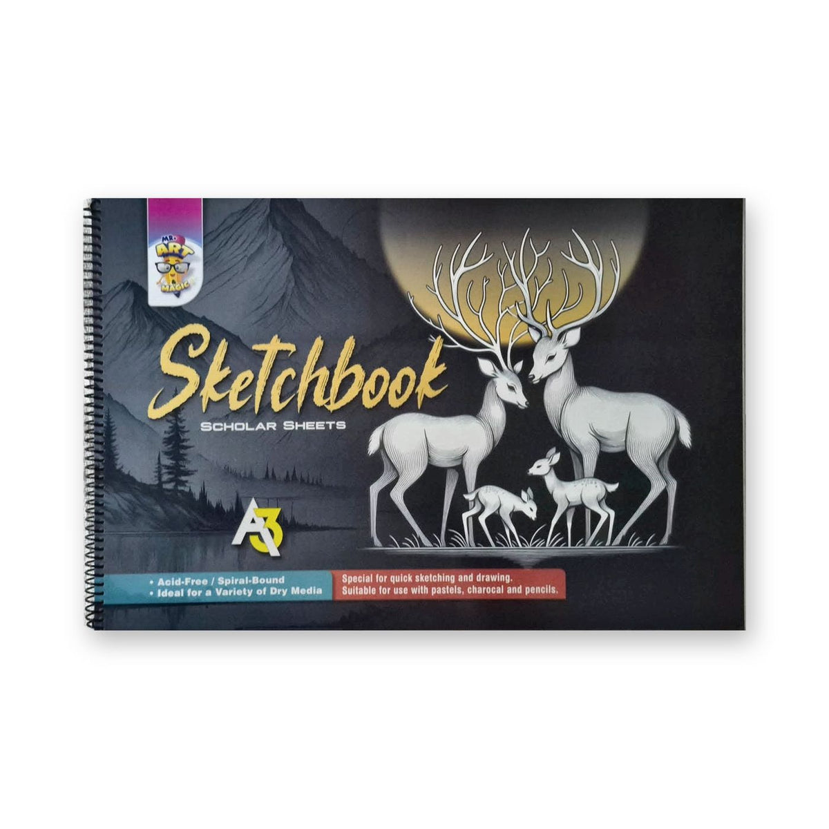 A3 Sketch Book Scholar Sheets | Mr. Art n Magic | Acid-Free Spiral Bound | Pastel, Charcoal & Pencil
