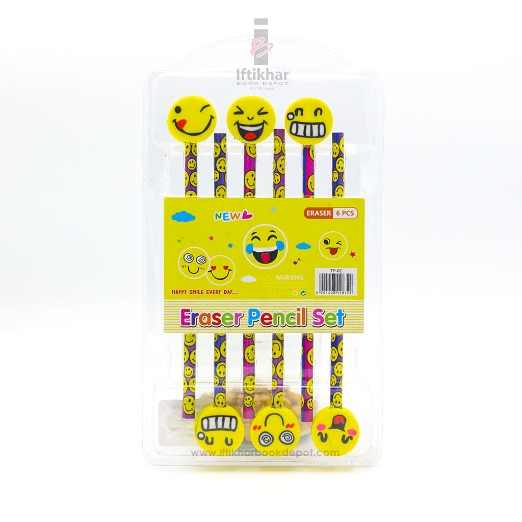 Emoji Lead Pencils And Erasers (6 Pcs)