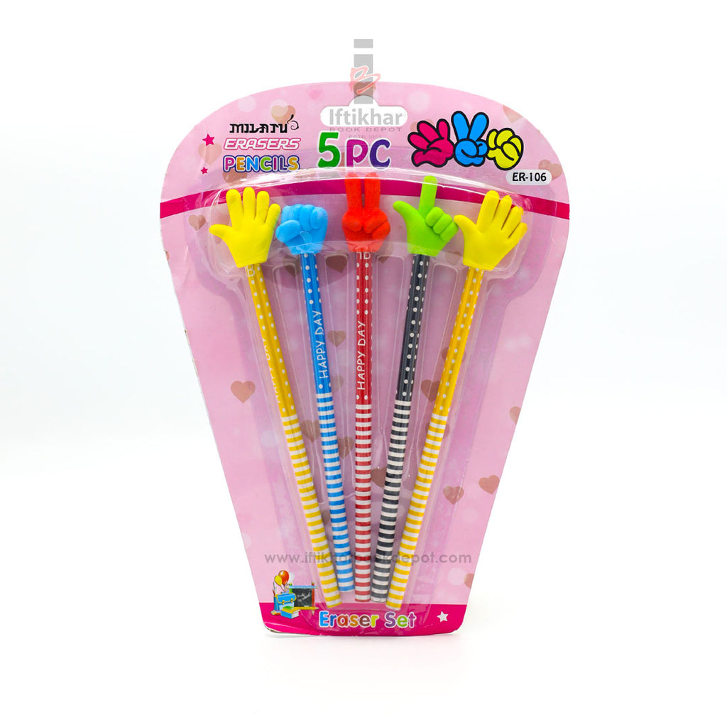 Hand Signs Lead Pencils And Erasers (5 Pcs)