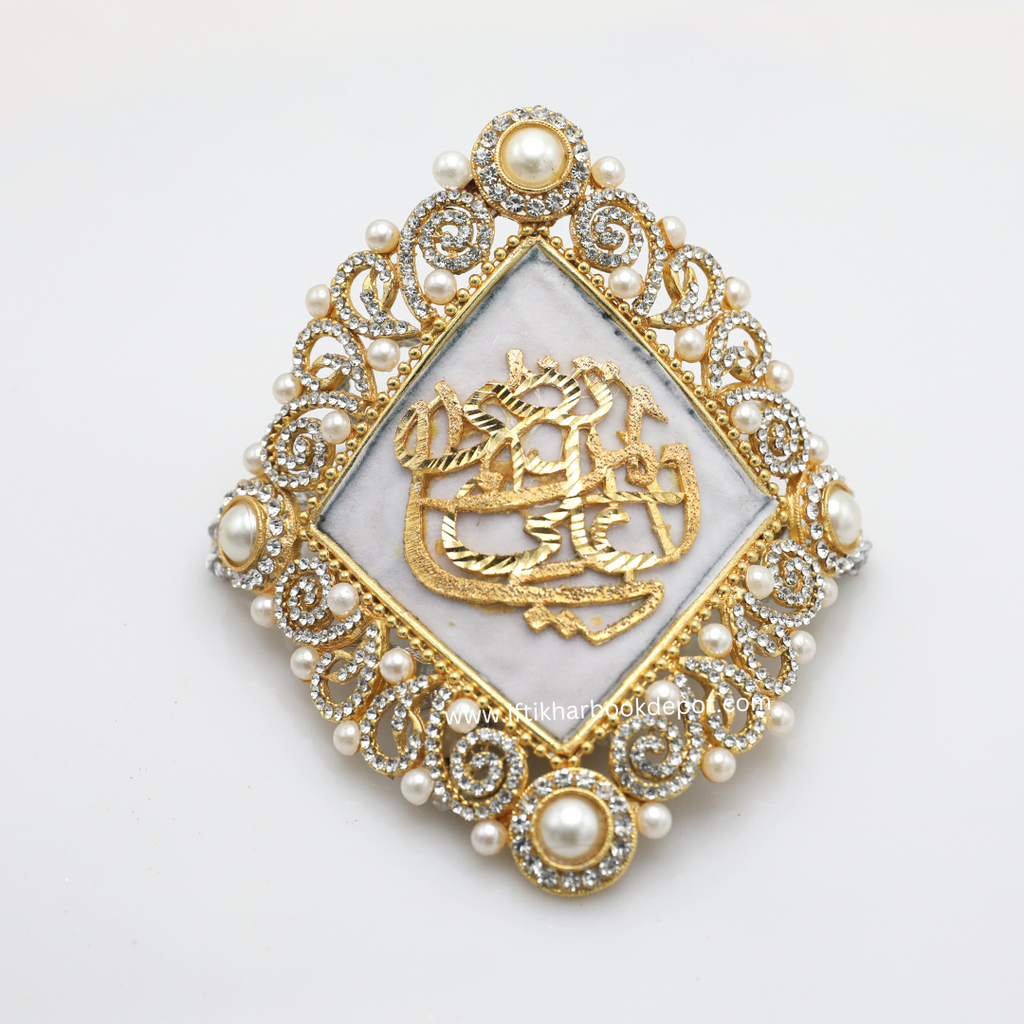 White Imam Zamin in Gold Metal for Groom with Zircons & Pearls