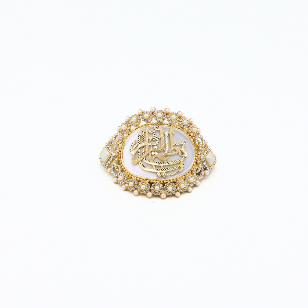 White & Gold Imam Zamin in Metal Gold for Bride with Pearls & Stone Work