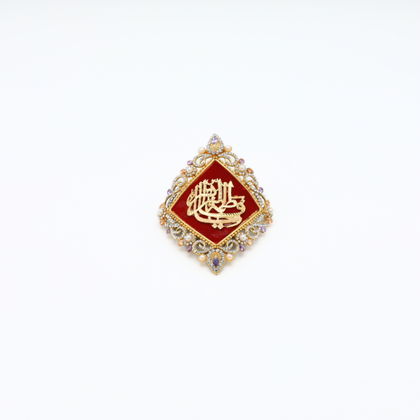 Red Imam Zamin in Metal Gold for Bride with Pearls & Zircons Stone Work