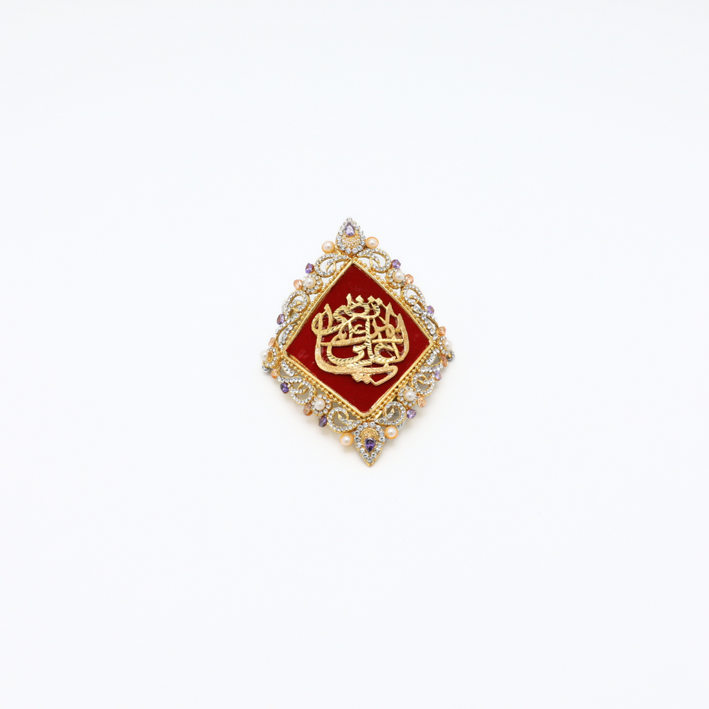 Red Imam Zamin in Metal Gold for Groom with Pearls & Zircons Stone Work