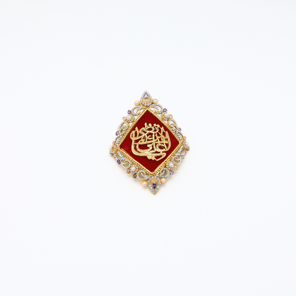 Red Imam Zamin in Metal Gold for Groom with Pearls & Zircons Stone Work